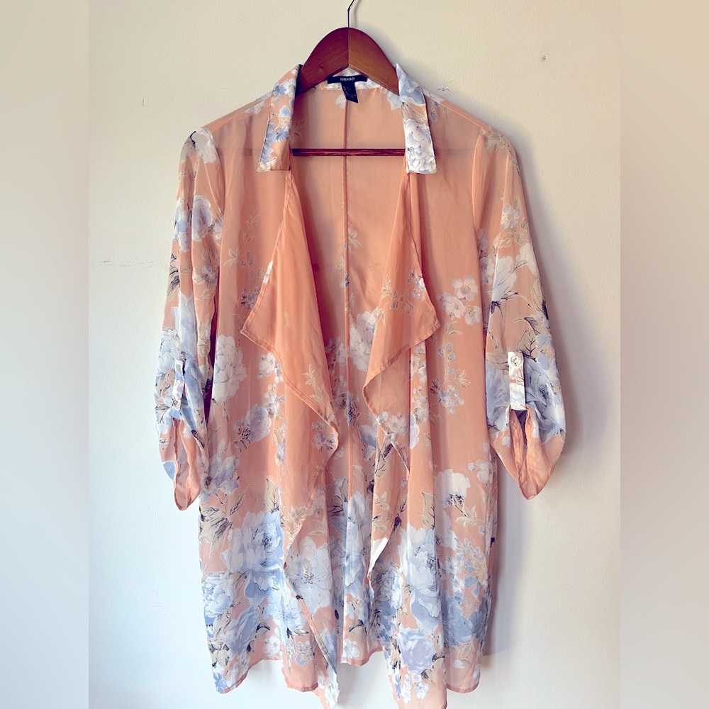Forever 21 Peach w/Blue Flower Detail Cover Up, 3/4 Sleeve, L, Worn Once